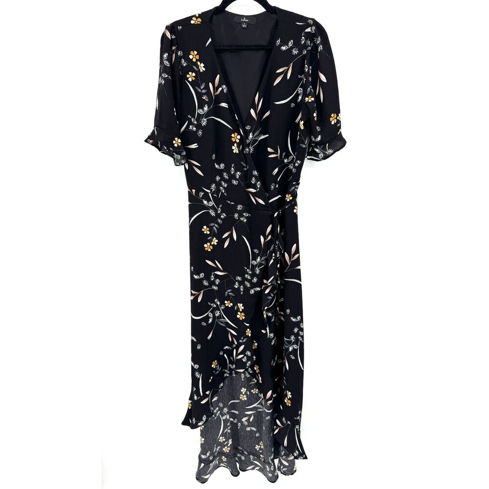 Lulu's Black Floral High-Low Wrap Dress with Ruffle Hem - Picture 3 of 10